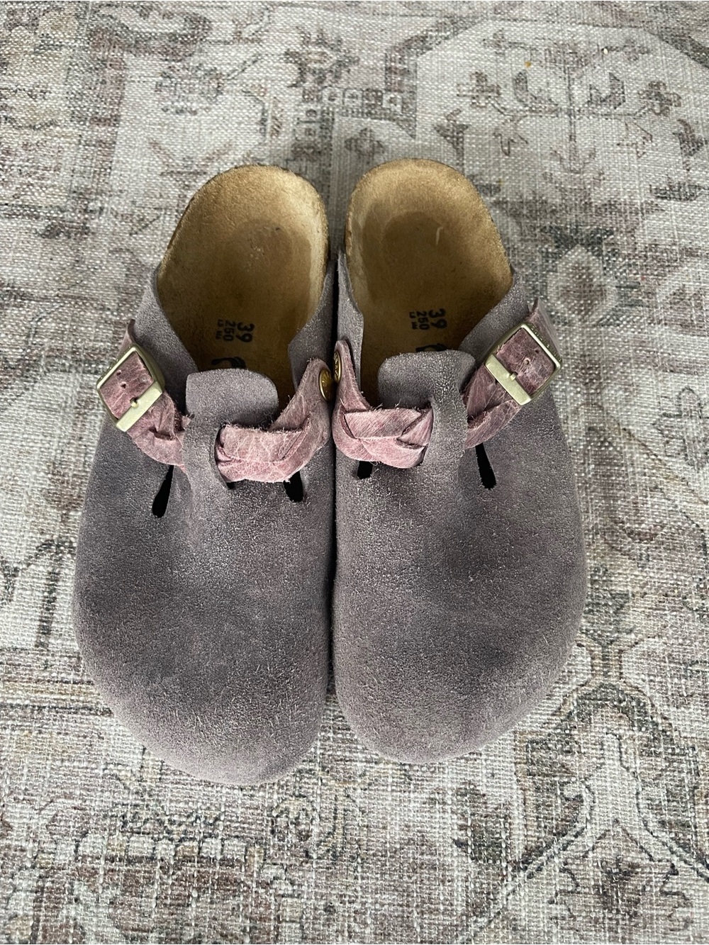 Birkenstock Boston Braided Mauve Suede Mules with Pink Braided Strap